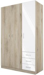 IRIM Boston Gardróbszekrény, 118x52x190 cm, 3 ajtó, 3 fiók, Sonoma tölgy/Fényes fehér