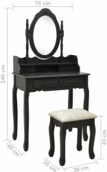 vidaXL fekete császárfa fésülködőasztal-szett ülőkével 75x69x140 cm (289316) - pepita