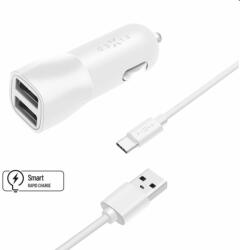 FIXED Autós töltő Smart Rapid Charge 2x USB kábellel USB/USB-C 1m, 15 W, fehér (FIXCC15-2UC-WH)