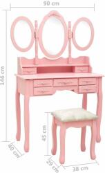 vidaXL rózsaszín fésülködőasztal ülőkével és háromrészes tükörrel (289327) - pepita