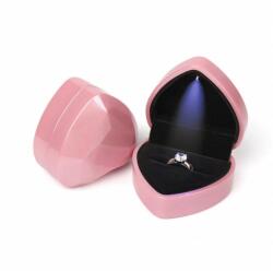 Ékszerkirály Prémium, szív alakú ékszerdoboz gyűrűnek, LED világítással, Rózsaszín (LBOX013)