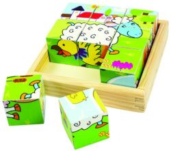 Bigjigs Toys Puzzle cubic Animale Domestice, 9 cuburi din lemn, dezvolta abilitati kinestezice (BJ536)