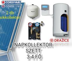 Napcsap 3-4 fő részére Cordivari síkkollektoros szett: 2 síkkollektor + 160 literes 1 hőcserélős bojler + ECO szivattyú állomás + vezérlés + tágulási tartály (SZETT_34_COR_2SIK_160_ENV)
