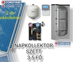 Napcsap 3-5 fő részére Cordivari napkollektor rendszer: 2 db síkkollektor + 200 literes 2 hőcserélős álló bojler + ECO szivattyú állomás + vezérlés + tágulási tartály (SZETT_35_COR_2SK_200ST2_ECO)