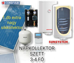 Napcsap 3-4 fő részére Cordivari exra nagy síkkollektoros szett HMV készítés: 1 síkkollektor + 150 literes Sunsystem hőcserélős bojler + szivattyú állomás + vezérlés + tágulási tartály (SZETT_34_COR_1EXTRA_SI