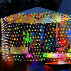 Voltronic Napelemes fényfüggöny 300x200 cm színes LED kültéri hálós világítás vízálló karácsonyi dekoráció 8 üzemmódú napelemes világítás (FENYFUZER_SZINES_3x2M)