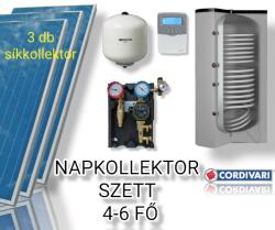 Napcsap 4-6 fő részére napkollektor rendszer: 3 db prémium sikkollektor, 300 literes 2 hőcserélős álló bojler, ECO szivattyú állomás, vezérlés, tágulási tartály (SZETT_46_COR_3SIK_300_2ST_ECO)