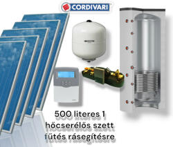 Cordivari Napkollektor rendszer Cordivari 500 literes 1 hőcserélős puffer fűtés rásegítésre: 5 síkkollektor + 1 hőcserélős puffertároló + nagyteljesítményű szivattyú állomás + vezérlés + tágulási tartály (SZETT