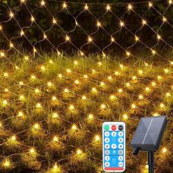 Voltronic Napelemes fényfüggöny 300x200 cm meleg fehér LED kültéri hálós világítás vízálló karácsonyi dekoráció 8 üzemmódú napelemes világítás (FENYFUZER_MFEH_3x2M)