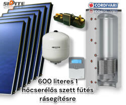 Cordivari Napkollektor rendszer Cordivari 600 literes 1 hőcserélős puffer fűtés rásegítésre: 6 síkkollektor + 1 hőcserélős puffertároló + nagyteljesítményű szivattyú állomás + vezérlés + tágulási tartály (SZETT