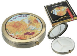 Hanipol Carmani Gyógyszeres fémdoboz 3 fakkos, műanyag belsővel, tükörrel, 7x7x1, 5cm, Van Gogh: Napraforgók