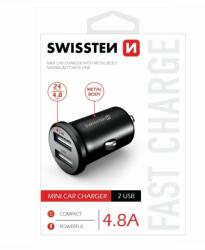 SWISSTEN Autós töltő Swissten fém 4.8A2 USB slot, Fekete (20114000)