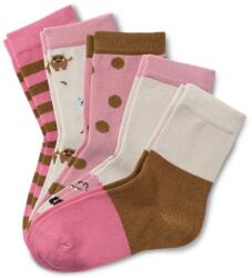 Tchibo 5 pár kislány zokni szettben, szörnyes, rózsaszín 1x barna-rózsaszín csíkos, 1x fehér, színes nyomot mintás, 1x rózsaszín, barna pöttyös, 1x fehér, egy helyen nyomott rózsaszín szörnymintás, 1x rózsas