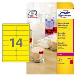 Avery Etikett címke Avery Zweckform 99.1x38.1 mm lézer címke visszaszedhető neon sárga 25 ív 350 db/csomag L7263Y-25 (L7263Y-25)