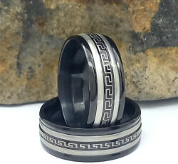 Fekete-ezüstszínű nemesacél gyűrű görög mintával