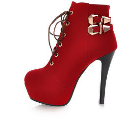  Női műbőr fűzős magassarkú bokacsizma női csizma, cipő nagy méretű piros - fekete
