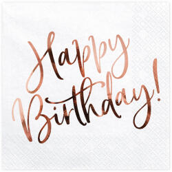 PartyDeco S. r. o Szalvéta, fehér, happy birthday, rosegold felirat, 20 db, 33x33 cm