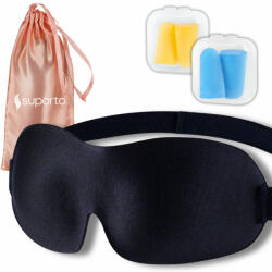 Suporto Masca de dormit Suporto 3D cu saculet Roz Peach, masca de somn premium, reglabila, blochează lumina în totalitate, cu 2 seturi de dopuri de urechi incluse