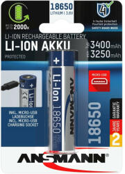 ANSMANN 1307-0003 ANSMANN 18650 Li-ion 3400mAh védett akkumulátor USB töltéssel (1307-0003)