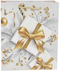 Creative Dísztasak CREATIVE Simple M 32x26x10 cm karácsonyi arany mintás glitteres szalagfüles
