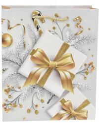 Creative Dísztasak CREATIVE Simple L 40x30x12 cm karácsonyi arany mintás glitteres szalagfüles