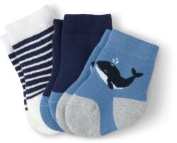 Tchibo 3 pár kisgyerek zokni szettben, bálna 1x kék-fehér csíkos, 1x sötétkék, 1x kék alapon belekötött mintás 16-18