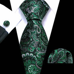 Maria King Zöld mintás selyem nyakkendő mandzsettagombbal és díszzsebkendővel (WNY200)