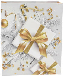 Creative Dísztasak CREATIVE Simple M 32x26x10 cm karácsonyi arany mintás glitteres szalagfüles (1248M) - papir-bolt