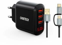 Choetech Set ChoeTech 5 V/3, 4 A 3× USB-A Digital Display Wall Charger + 2in1 USB to Micro USB/(USB-C), 1, 2 m (BUN)