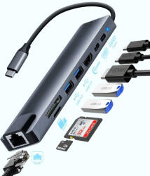 Rocketek 8 in 1 USB-C 3.0 HUB dokkoló adapter - 2x USB 3.0, Type-C USB, SD TF kártya olvasó, 4K HDMI, 65W HUB Dokkoló Állomás (RT-USB8)