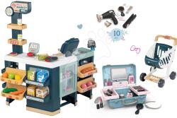 Smoby Set magazin electronic produse mixte cu frigider Maxi Market și coafeză Smoby cu uscător de păr electronic și valiză (SM350242-16)