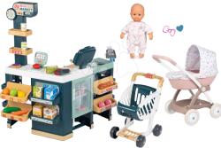 Smoby Set magazin electronic diferite produse cu frigider Maxi Market și cărucior adânc Smoby și husă textilă cu păpușă de 32 cm (SM350242-5)