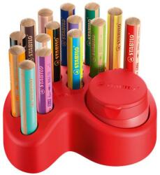 STABILO Színes ceruza készlet asztali tartóban, kerek, vastag, STABILO Woody 3 in 1, 15 különböző szín, hegyezővel (TS8801501) - becsiirodaker