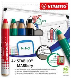 STABILO Táblaceruza készlet, fehértáblához, flipchartpapírhoz kúpos, STABILO MARKdry , 4 féle szín törlővel és hegyezővel (648/4-5)