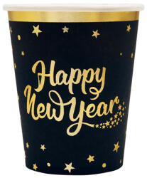 PartyPal Papír pohár, fekete színben, Happy New Year, 220 ml, 6 db/cs