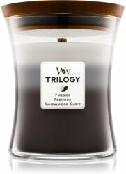WoodWick Trilogy Warm Woods lumânare parfumată cu fitil din lemn 275 g