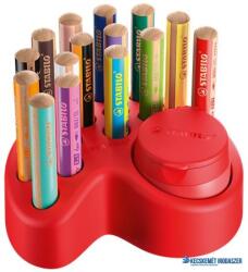 STABILO Színes ceruza készlet asztali tartóban, kerek, vastag, STABILO "Woody 3 in 1", 15 különböző szín, hegyezővel (TS8801501) - kecskemetirodaszer