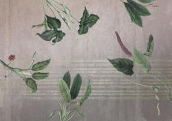  A trendek összefutnak - Etno sorminta és trópusi levelek betonfal háttéren szürke zöld mályva és bézsarany falpanel/digitális nyomat (INX8-050)