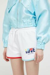 Love Moschino pantaloni scurti femei, culoarea alb, cu imprimeu, high waist PPYX-SZD015_00X