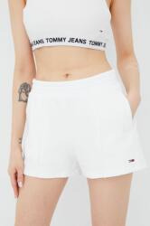Tommy Jeans pantaloni scurti din bumbac femei, culoarea alb, neted, high waist PPYY-SZD03Y_00X