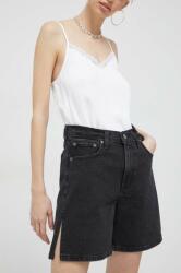 Abercrombie & Fitch pantaloni scurti jeans femei, culoarea negru, neted, high waist PPYX-SZD04E_99X
