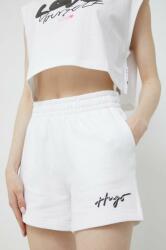 Hugo pantaloni scurti din bumbac culoarea alb, cu imprimeu, high waist PPYX-SZD0EU_00X