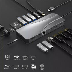 Rocketek 14 in 1 USB-C 3.1 HUB dokkoló adapter - 3x USB 3.0, Type-C USB, SD TF kártya olvasó, 3.5mm audio, 2x HDMI, DP 1.4, LAN, 100W HUB Dokkoló Állomás (RT-HC451)