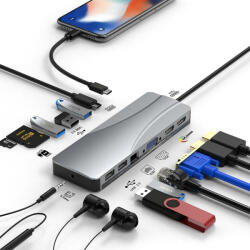Rocketek 14 in 1 USB-C 3.0 HUB dokkoló adapter - 4x USB 3.0, Type-C USB, SD TF kártya olvasó, 3.5mm audio, 2x HDMI, VGA, LAN, 65W HUB Dokkoló Állomás (RT-HC452)