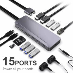 Rocketek 13 in 1 USB-C 3.1 HUB dokkoló adapter - 3x USB 3.0, Type-C USB, SD/ TF kártya olvasó, 3.5mm audio, 2x HDMI, LAN, 100W HUB Dokkoló Állomás (RT-HC481)