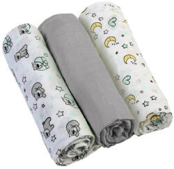 BabyOno 3 db-os színes, mintás textil pelenka - szürke holdas maci - babastar