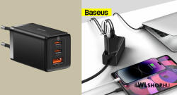 BASEUS GaN5 Pro 2xUSB-C + USB hálózati töltő, 65W - Fekete