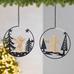  Fekete és barna színű fém karácsonyi függő dekor angyalka az erdőben - 14 cm
