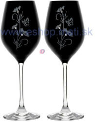 D&D Üveg pohár virág mintával, swarovski dísszel bor 360ml fekete 2-db-os szett (8588008074299)