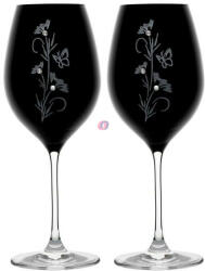 D&D Üveg pohár virág mintával, swarovski dísszel bor 470ml fekete 2-db-os szett (8588008074305)